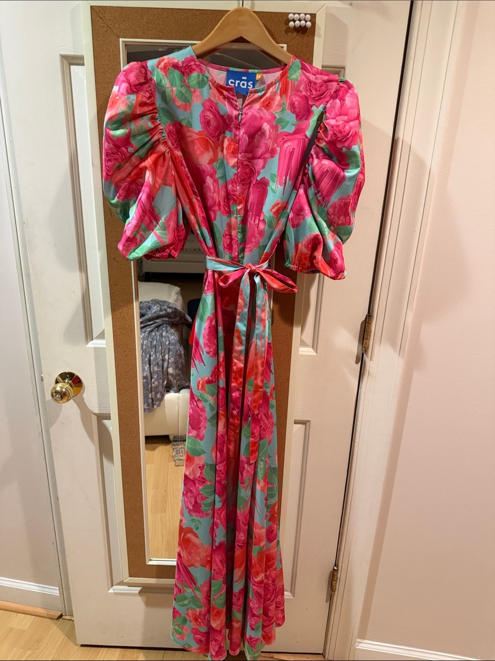Cras Floral Puff-Sleeve Maxi Dress in Pink & Mint.  Wore Once